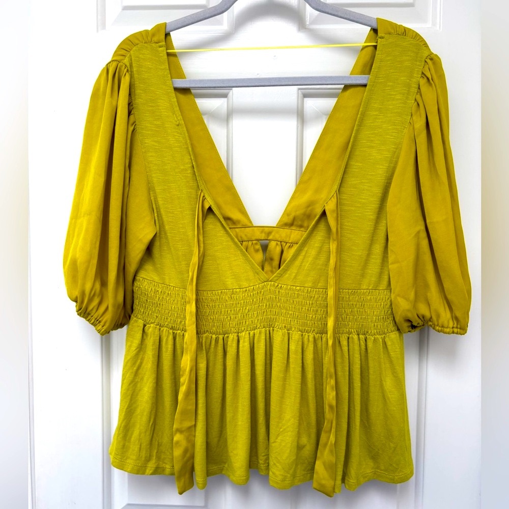 Anthropologie Yellow Green Deep V Peplum Blouse - Picture 4 of 7
